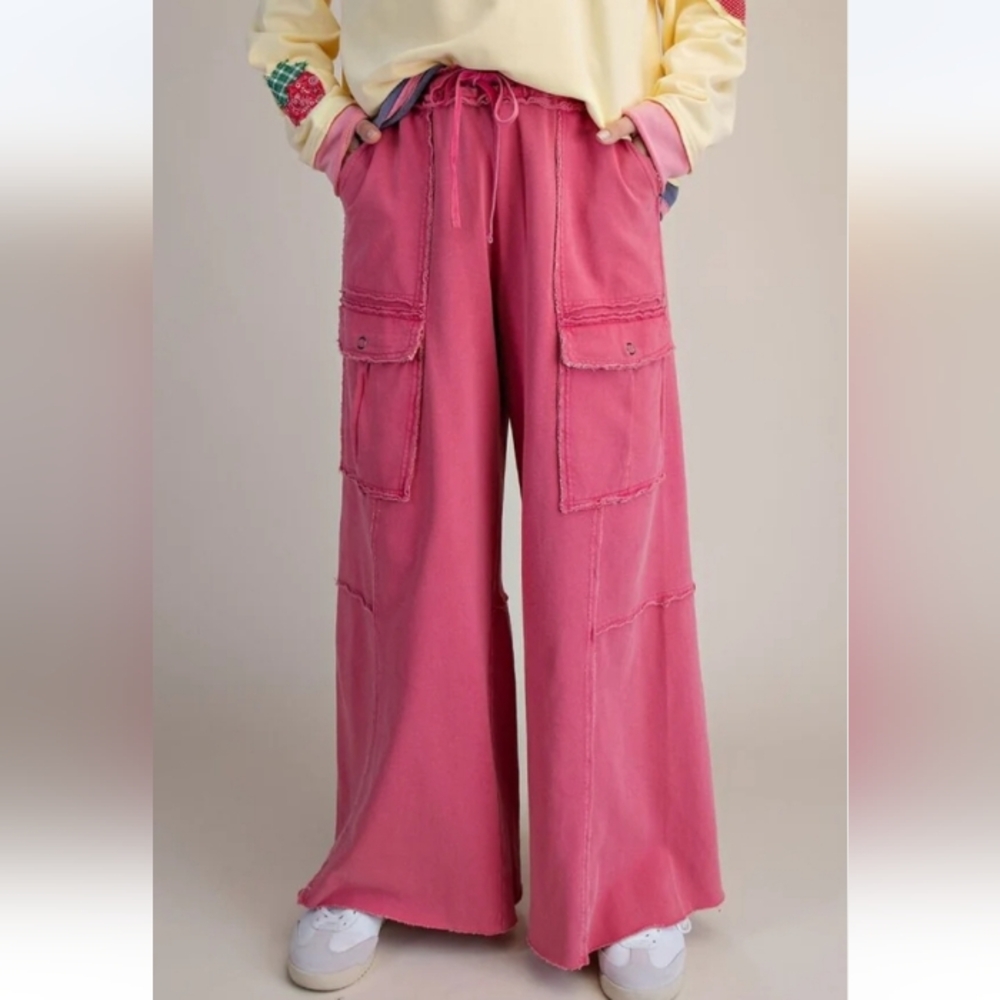 NWT Easel Mineral Washed Terry Knit Cargo Sweatpants In Raspberry